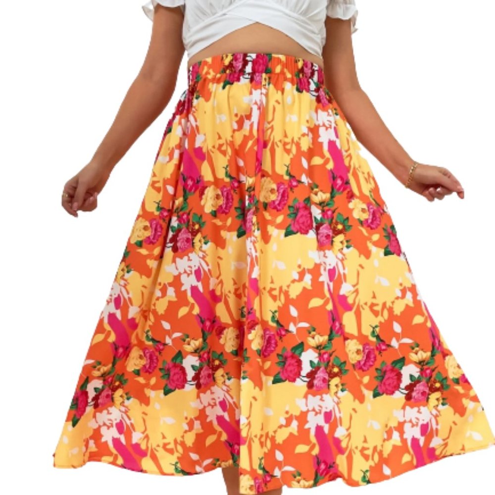 S044 Multi Color A-Line Flared Long Skirt Size 2XL NEW NWOT